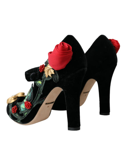 Dolce & Gabbana Black Roses Crystal Brooch Mary Jane Shoes