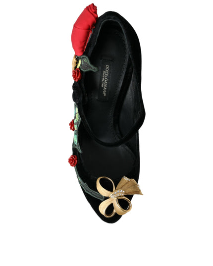 Dolce & Gabbana Black Roses Crystal Brooch Mary Jane Shoes