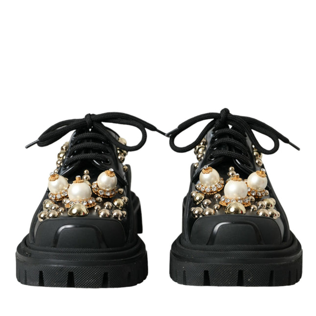 Dolce & Gabbana Black Leather Trekking Derby Embellished Shoes