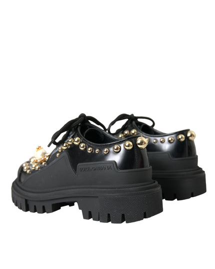 Dolce & Gabbana Black Leather Trekking Derby Embellished Shoes