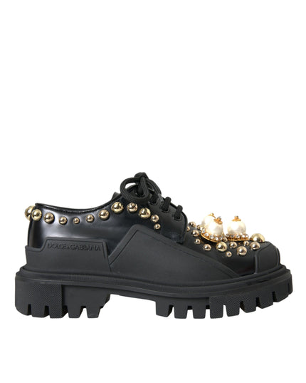 Dolce & Gabbana Black Leather Trekking Derby Embellished Shoes
