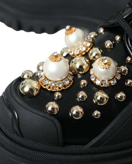 Dolce & Gabbana Black Leather Trekking Derby Embellished Shoes
