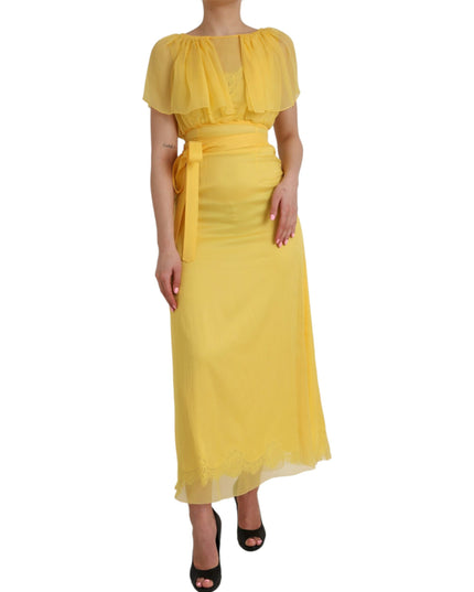 Dolce & Gabbana Yellow Silk Sheath Belted Long Maxi Dress