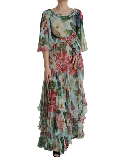 Dolce & Gabbana Blue Floral Print Tiered Long Maxi Dress