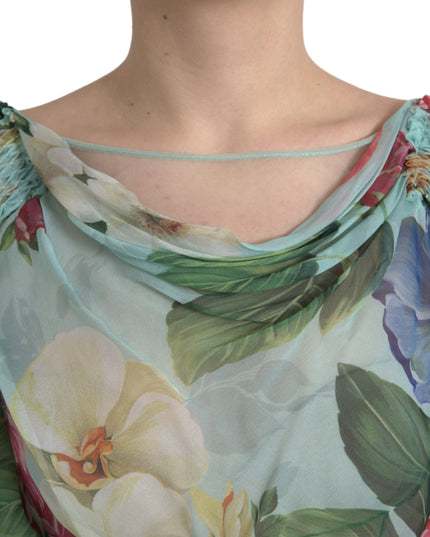 Dolce & Gabbana Blue Floral Print Tiered Long Maxi Dress