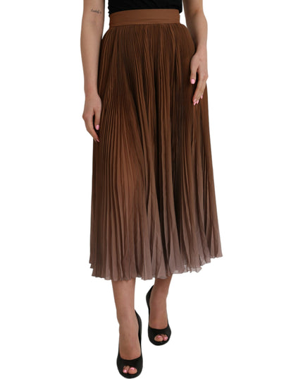 Dolce & Gabbana Brown Polyester Pleated High Waist Midi Skirt