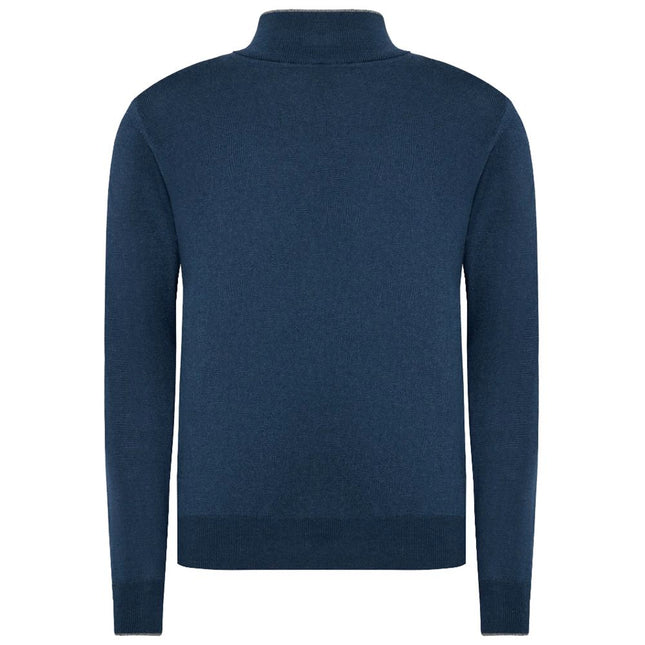 La Martina Blue Wool Men Sweater with Half Zip Closure