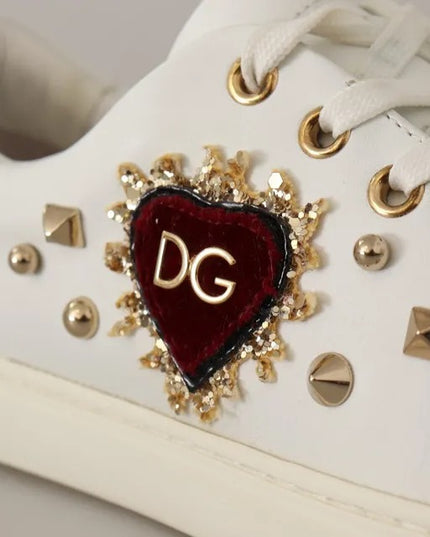 Dolce & Gabbana White Leather Gold Red Heart Sneakers Shoes