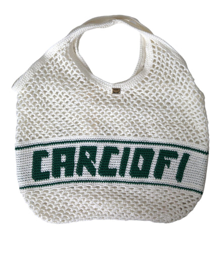Dolce & Gabbana White Green Knitted Cotton Logo Shopping Tote Bag