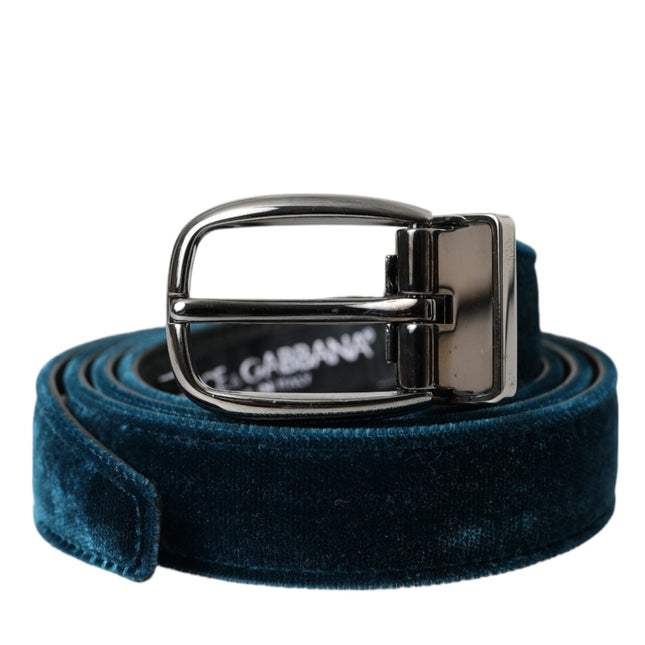 Dolce & Gabbana Blue Velvet Leather Silver Metal Buckle Belt