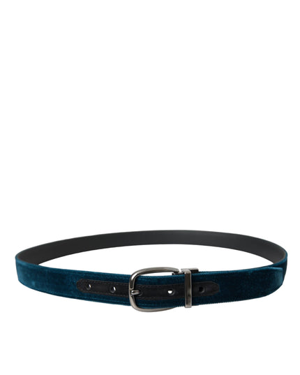 Dolce & Gabbana Blue Velvet Leather Silver Metal Buckle Belt