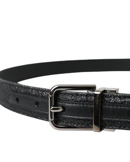 Dolce & Gabbana Black Glittered Leather Silver Buckle Belt