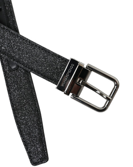 Dolce & Gabbana Black Glittered Leather Silver Buckle Belt