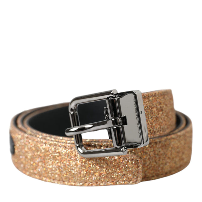 Dolce & Gabbana Gold Glitter Leather Silver Metal Buckle Belt