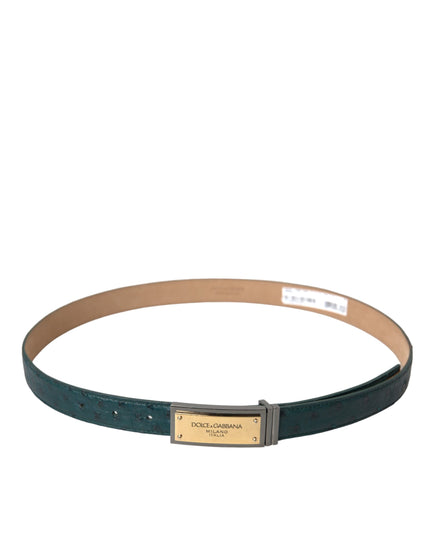 Dolce & Gabbana Green Leather Gold Logo Engraved Buckle Belt