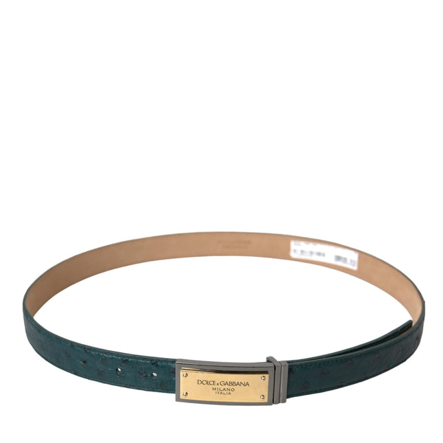 Dolce & Gabbana Green Leather Gold Logo Engraved Buckle Belt