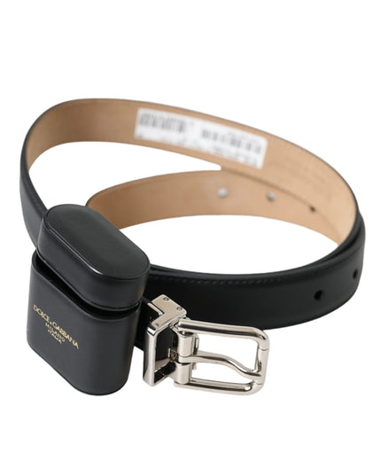 Dolce & Gabbana Black Leather Airpods Case Silver Buckle Belt