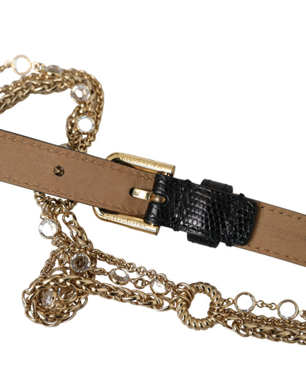 Dolce & Gabbana Black Leather Gold Chain Crystal Waist Women Belt