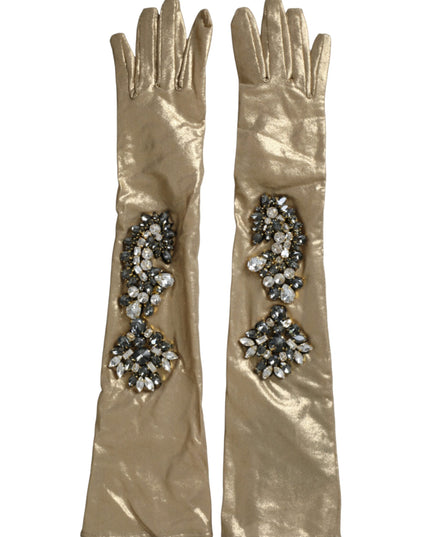 Dolce & Gabbana Beige Satin Crystal Elbow Length Gloves