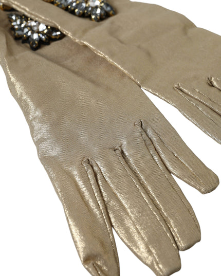 Dolce & Gabbana Beige Satin Crystal Elbow Length Gloves