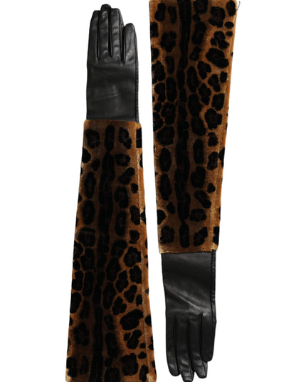 Dolce & Gabbana Brown Black Leopard Leather Elbow Length Gloves