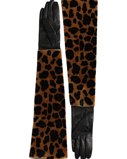Dolce & Gabbana Brown Black Leopard Leather Elbow Length Gloves