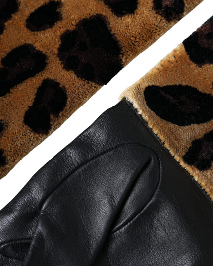 Dolce & Gabbana Brown Black Leopard Leather Elbow Length Gloves