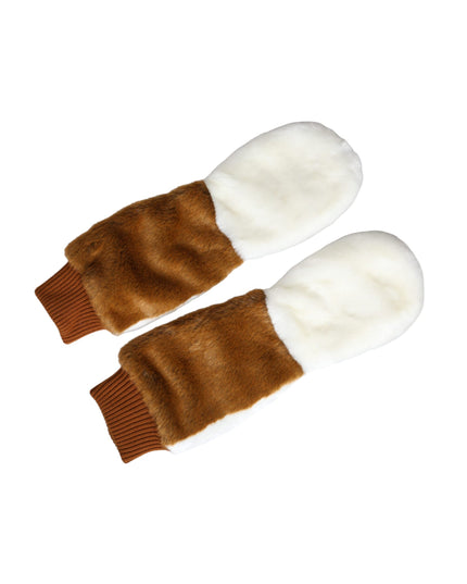 Dolce & Gabbana Brown White Acrylic Knitted Fur Mitten Gloves