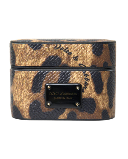 Dolce & Gabbana Brown Leopard Calf Leather Metal Logo Plaque Airpods Case