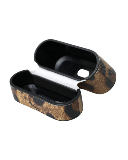 Dolce & Gabbana Brown Leopard Calf Leather Metal Logo Plaque Airpods Case