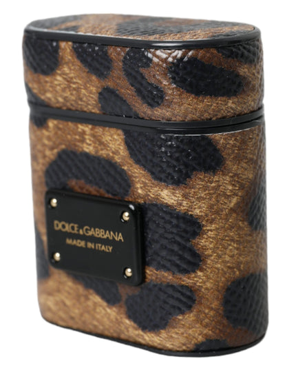 Dolce & Gabbana Brown Leopard Calf Leather Metal Logo Plaque Airpods Case