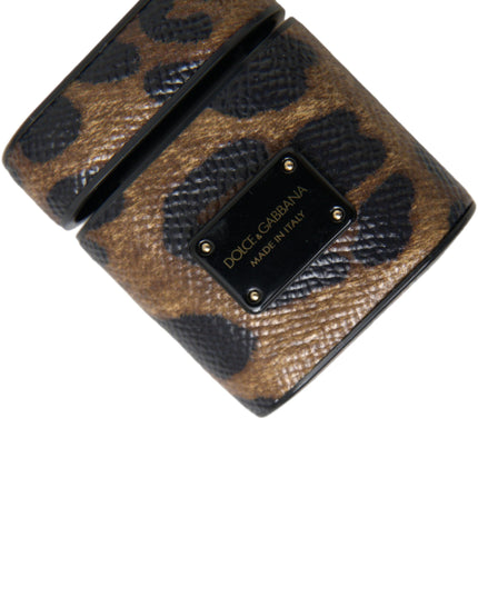 Dolce & Gabbana Brown Leopard Calf Leather Metal Logo Plaque Airpods Case