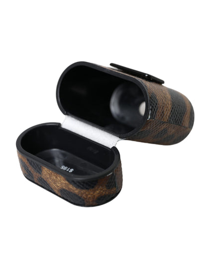 Dolce & Gabbana Brown Leopard Calf Leather Metal Logo Plaque Airpods Case