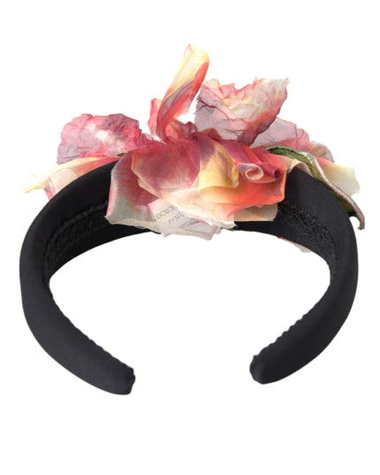 Dolce & Gabbana Rose Pink Silk Floral Black Tiara Women Hairband Diadem