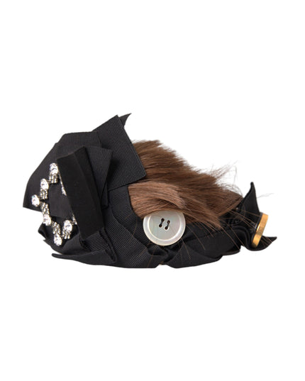 Dolce & Gabbana Black Crystal Button Brown Hair Women Headband Diadem