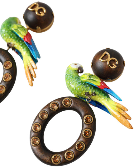 Dolce & Gabbana Multicolor Parrot Wood Brass Crystal Embellished Earrings