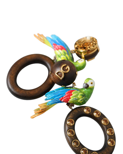 Dolce & Gabbana Multicolor Parrot Wood Brass Crystal Embellished Earrings
