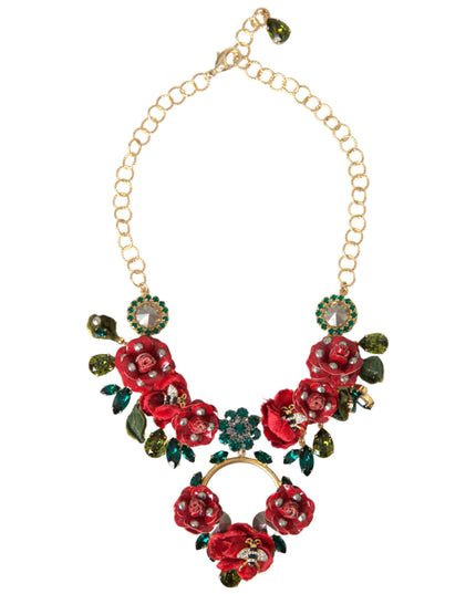 Dolce & Gabbana Gold Brass Link Chain RosePetal Crystal Pendant Necklace