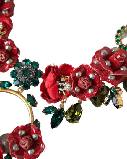 Dolce & Gabbana Gold Brass Link Chain RosePetal Crystal Pendant Necklace