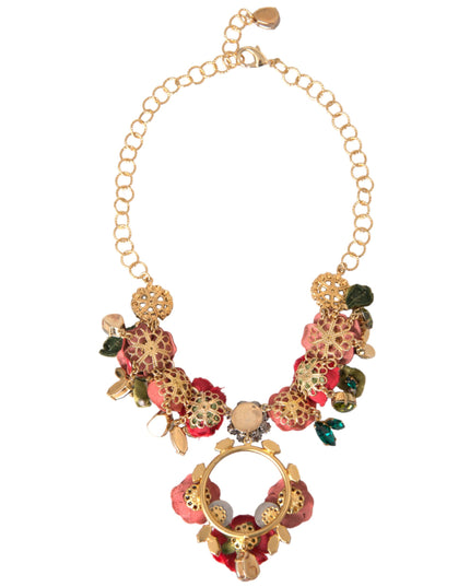 Dolce & Gabbana Gold Brass Link Chain RosePetal Crystal Pendant Necklace