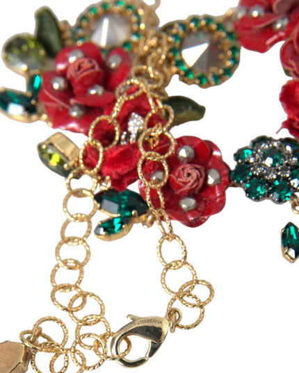 Dolce & Gabbana Gold Brass Link Chain RosePetal Crystal Pendant Necklace