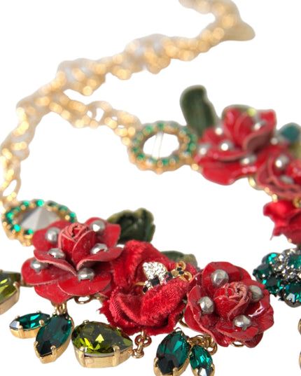 Dolce & Gabbana Gold Brass Link Chain RosePetal Crystal Pendant Necklace