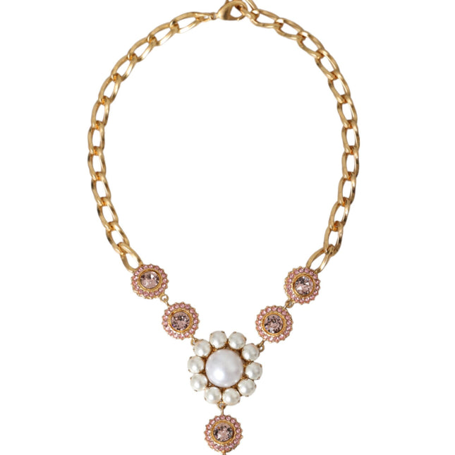 Dolce & Gabbana Gold Brass Crystal Purple Pink Pearl Pendants Necklace