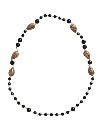 Dolce & Gabbana Gold Tone Brass Black Printed Beaded Long Chain Necklace