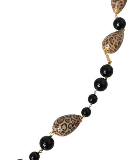 Dolce & Gabbana Gold Tone Brass Black Printed Beaded Long Chain Necklace