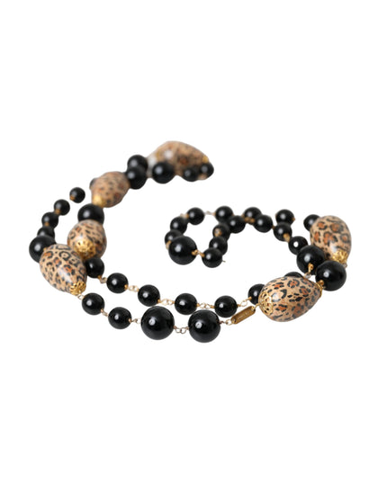 Dolce & Gabbana Gold Tone Brass Black Printed Beaded Long Chain Necklace