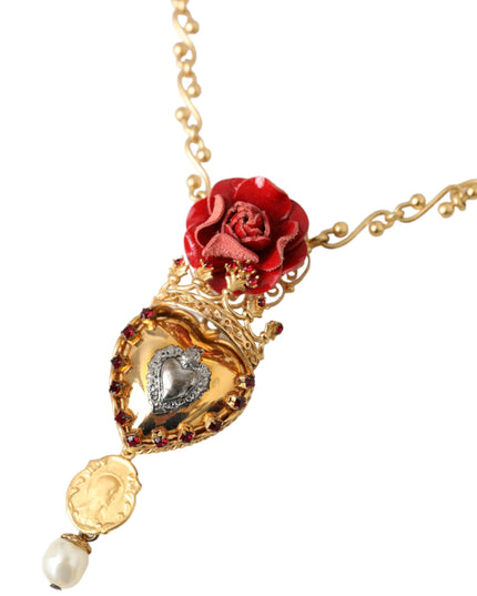 Dolce & Gabbana Gold BrassChain Sacred Heart Rose Crystal Charm Necklace