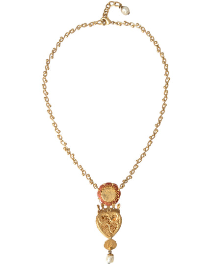 Dolce & Gabbana Gold BrassChain Sacred Heart Rose Crystal Charm Necklace