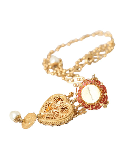 Dolce & Gabbana Gold BrassChain Sacred Heart Rose Crystal Charm Necklace