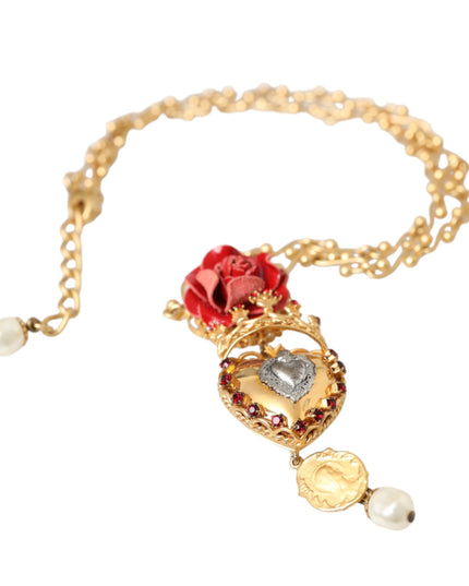 Dolce & Gabbana Gold BrassChain Sacred Heart Rose Crystal Charm Necklace